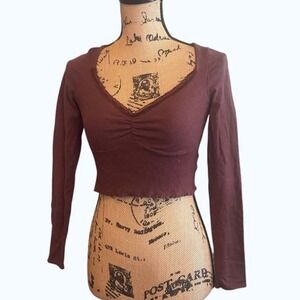 L.A Hearts Women V-Neck Ribbed Lacey Romantic Trendy Preppy Crop Top Brown Small